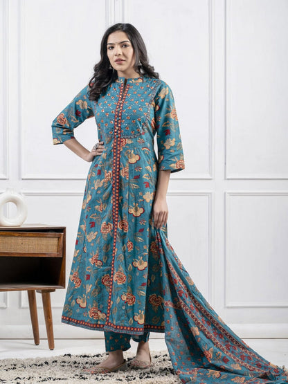 Women’s Teal Blue Floral Printed Kurti Set with Dupatta – Elegant Straight Kurta, Pants & Matching Dupatta Akrish
