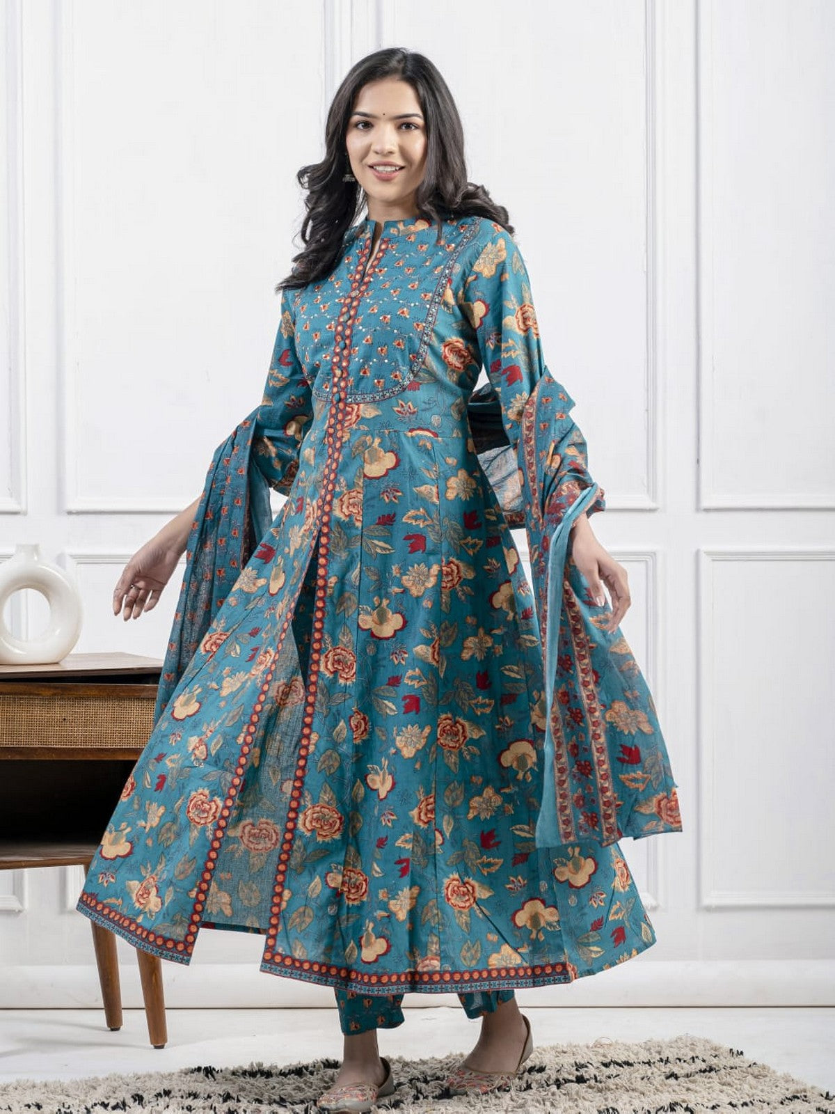 Women’s Teal Blue Floral Printed Kurti Set with Dupatta – Elegant Straight Kurta, Pants & Matching Dupatta Akrish