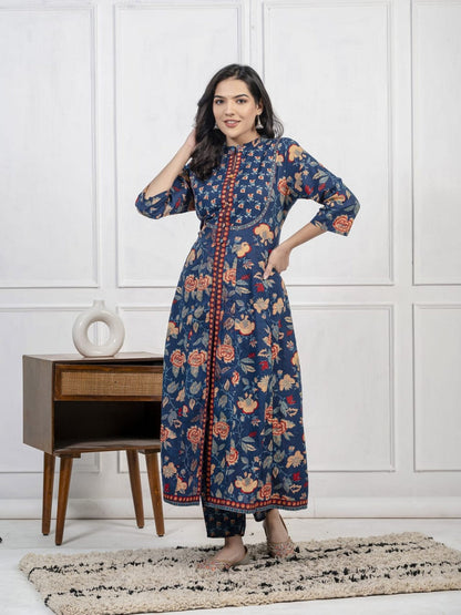 Women’s Blue Floral Printed Kurti Set with Dupatta – Elegant Straight Kurta, Pants & Matching Dupatta Akrish