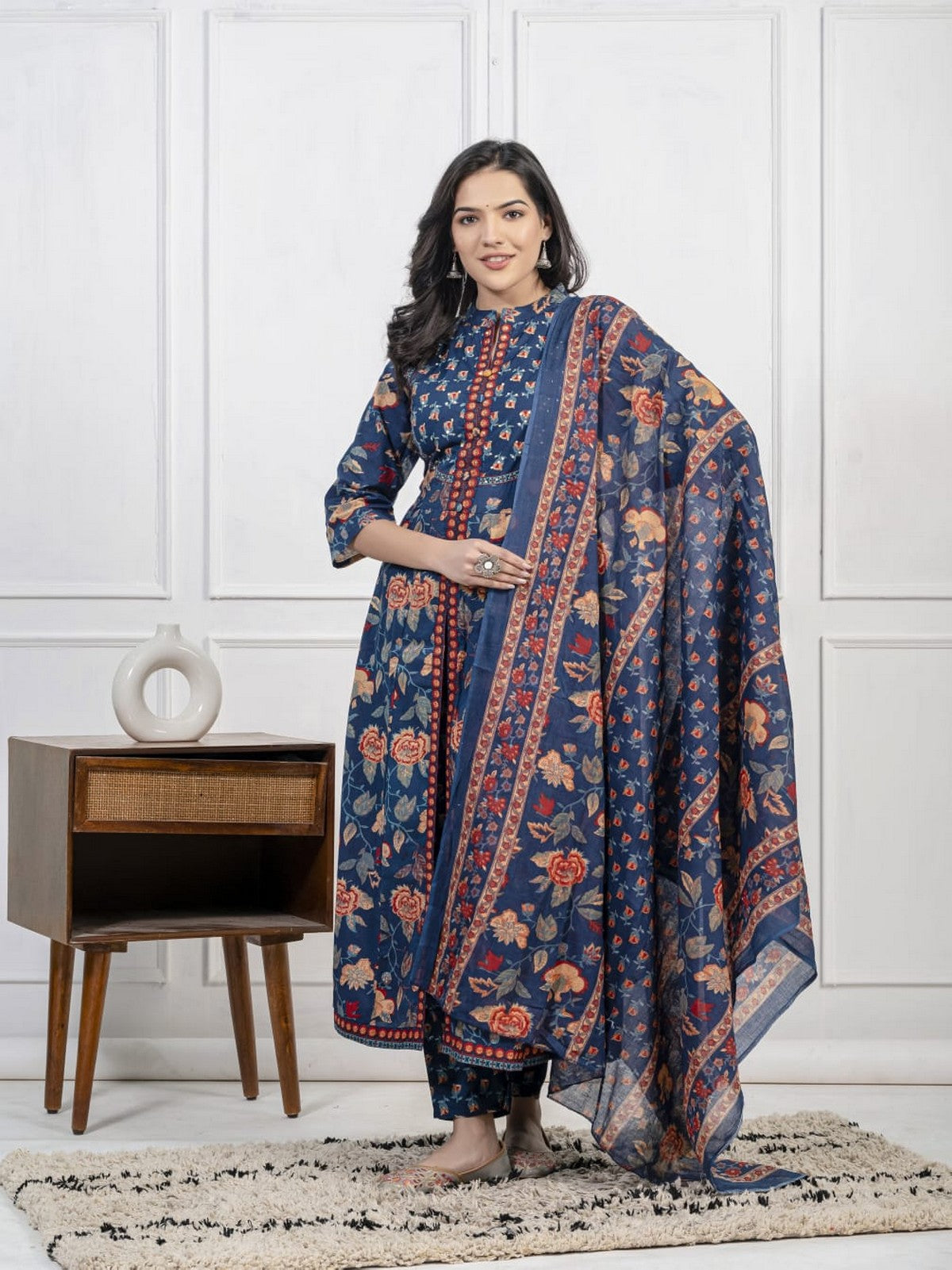 Women’s Blue Floral Printed Kurti Set with Dupatta – Elegant Straight Kurta, Pants & Matching Dupatta Akrish