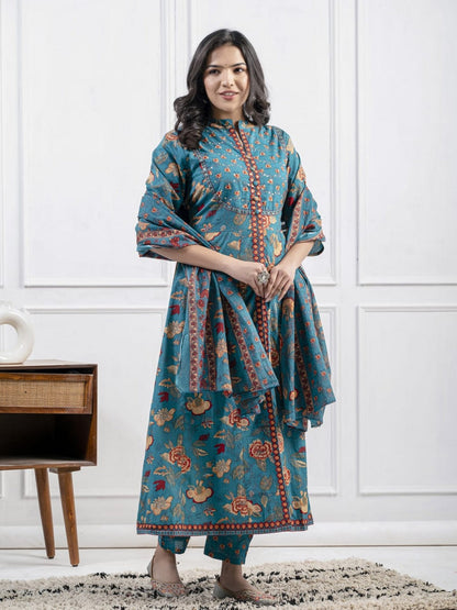 Women’s Teal Blue Floral Printed Kurti Set with Dupatta – Elegant Straight Kurta, Pants & Matching Dupatta Akrish