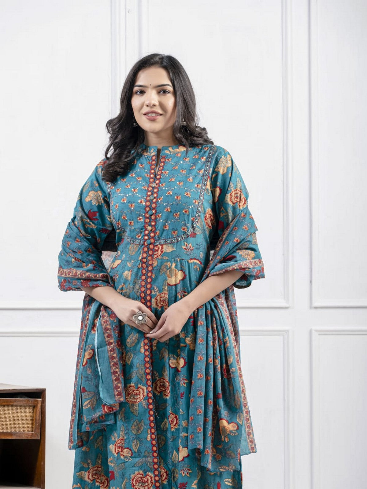 Women’s Teal Blue Floral Printed Kurti Set with Dupatta – Elegant Straight Kurta, Pants & Matching Dupatta Akrish