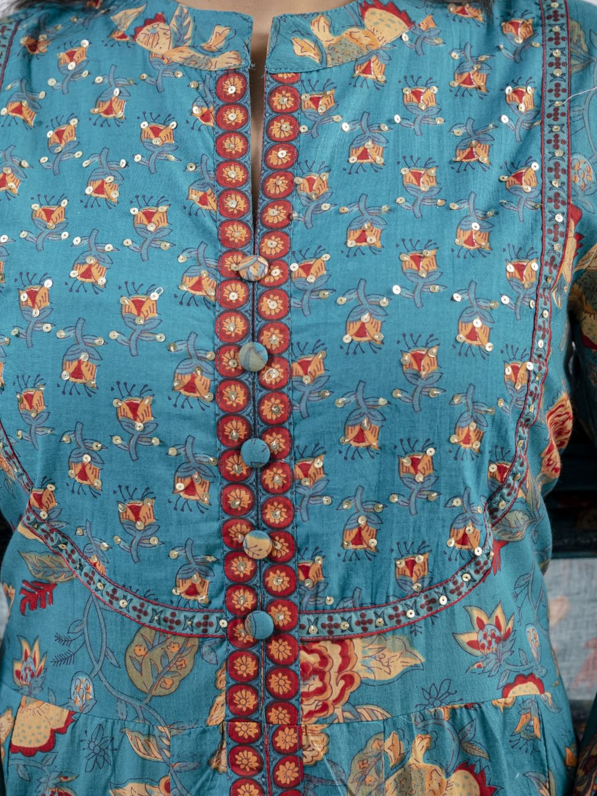 Women’s Teal Blue Floral Printed Kurti Set with Dupatta – Elegant Straight Kurta, Pants & Matching Dupatta Akrish