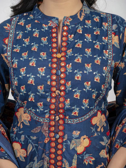 Women’s Blue Floral Printed Kurti Set with Dupatta – Elegant Straight Kurta, Pants & Matching Dupatta Akrish