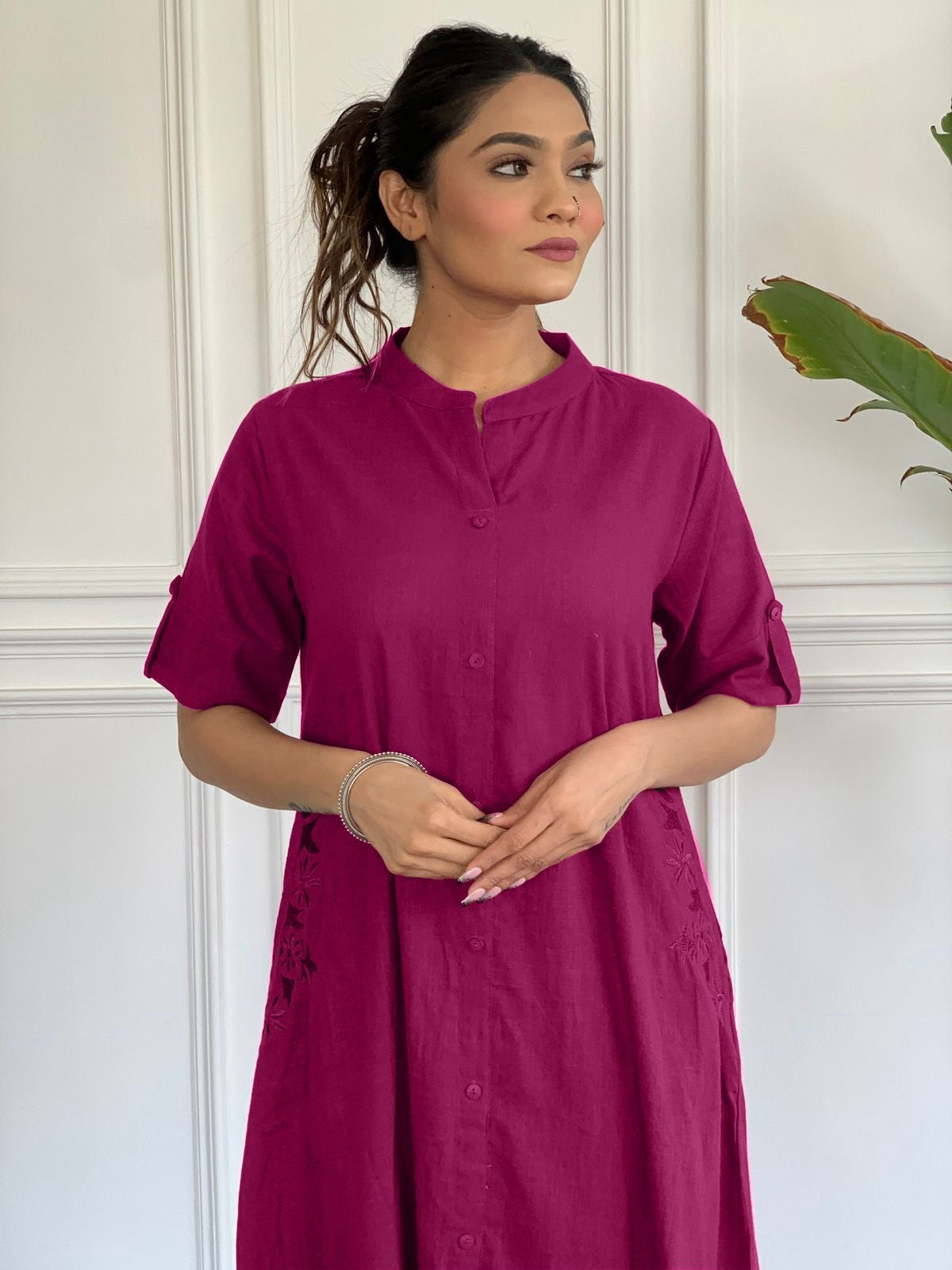 Women’s Solid Magenta Long Shirt Kurta with Matching Pants | Elegant Co-ords Set | Casual & Semi-Formal Wear Akrish
