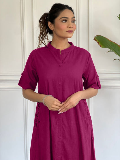 Women’s Solid Magenta Long Shirt Kurta with Matching Pants | Elegant Co-ords Set | Casual & Semi-Formal Wear Akrish