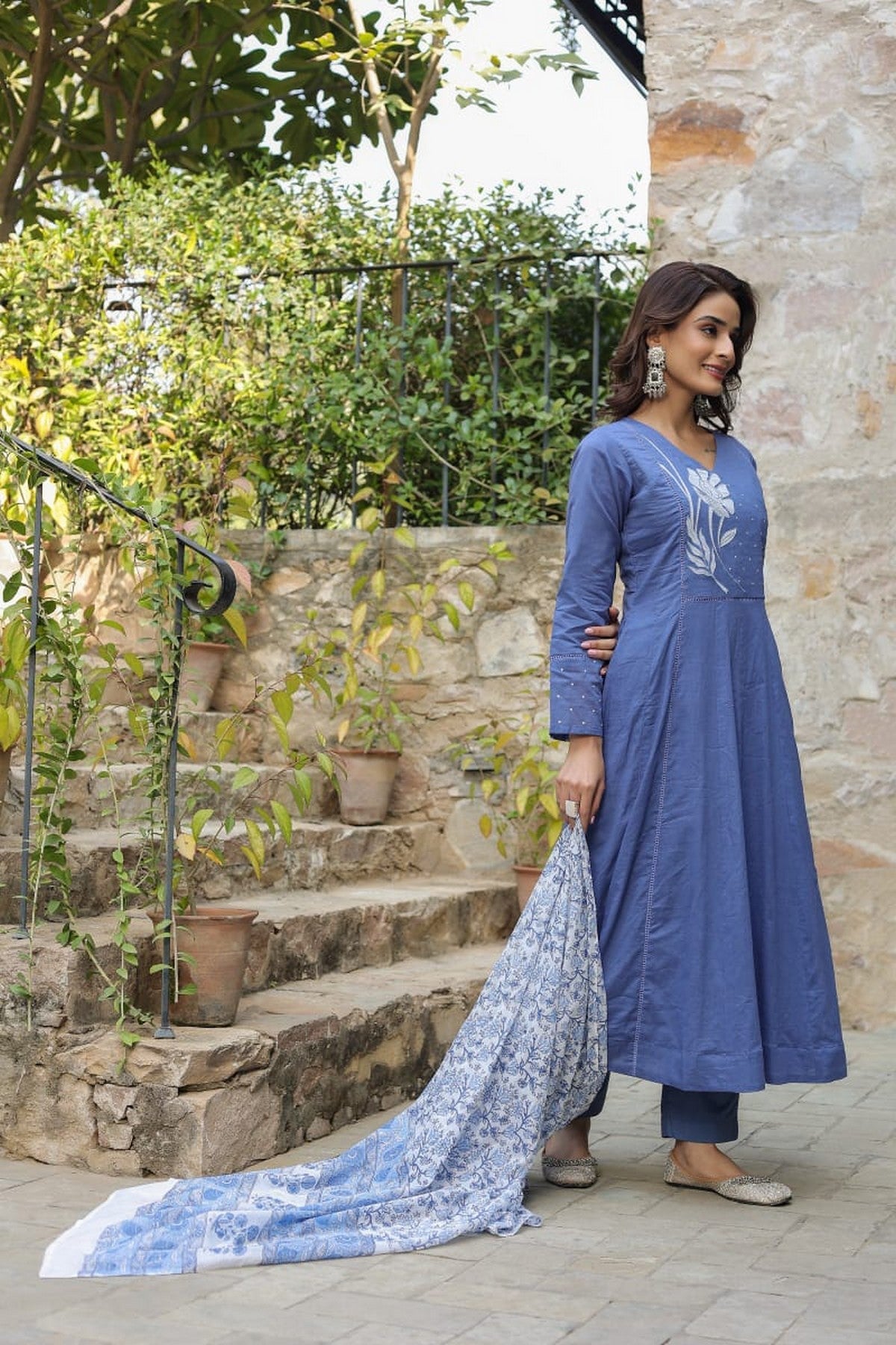 Elegant Women’s Blue Anarkali Kurti Set with Dupatta – Embroidered Long Kurta, Pants & Printed Dupatta Akrish