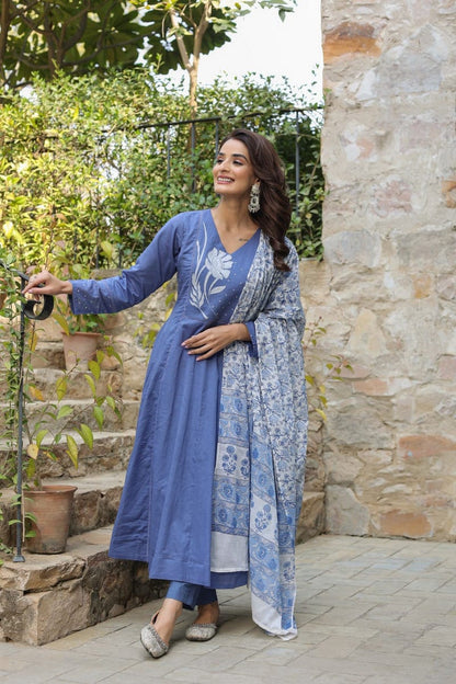 Elegant Women’s Blue Anarkali Kurti Set with Dupatta – Embroidered Long Kurta, Pants & Printed Dupatta Akrish