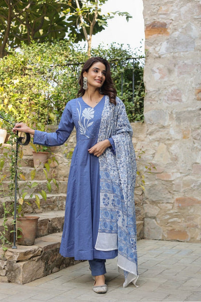 Elegant Women’s Blue Anarkali Kurti Set with Dupatta – Embroidered Long Kurta, Pants & Printed Dupatta Akrish