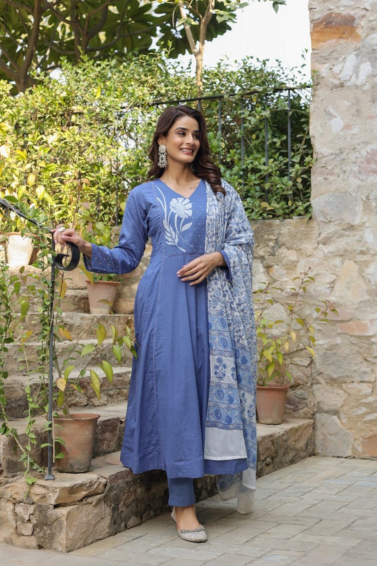 Elegant Women’s Blue Anarkali Kurti Set with Dupatta – Embroidered Long Kurta, Pants & Printed Dupatta Akrish