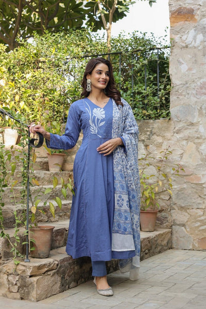 Elegant Women’s Blue Anarkali Kurti Set with Dupatta – Embroidered Long Kurta, Pants & Printed Dupatta Akrish