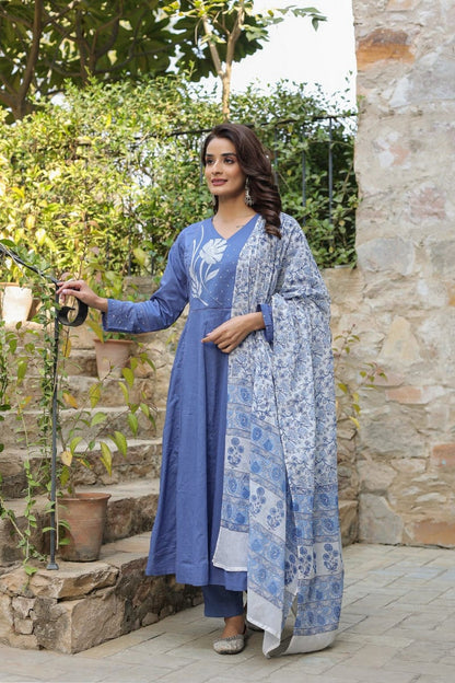 Elegant Women’s Blue Anarkali Kurti Set with Dupatta – Embroidered Long Kurta, Pants & Printed Dupatta Akrish