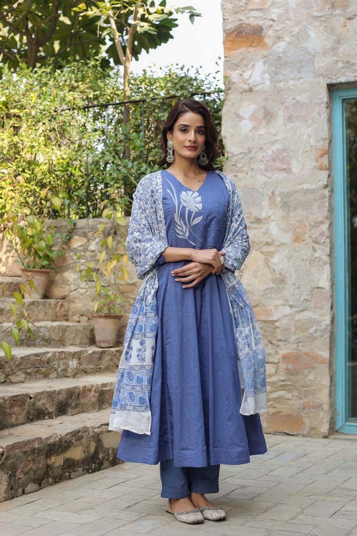 Elegant Women’s Blue Anarkali Kurti Set with Dupatta – Embroidered Long Kurta, Pants & Printed Dupatta Akrish