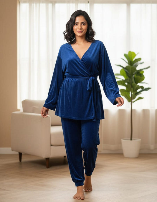 Women’s Midnight Blue Velvet Loungewear Set | Soft Wrap-Top & Jogger Pants | Premium Cozy Home Wear Akrish