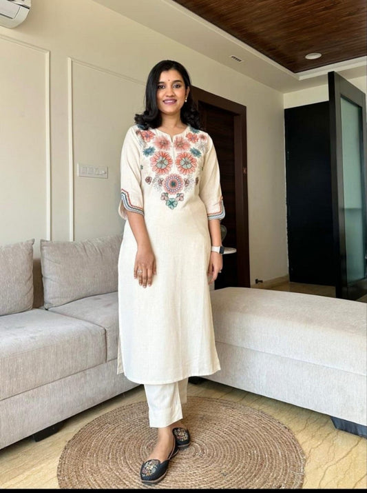 Women’s Cream Embroidered Straight Kurti with Pants | Elegant Daily & Office Wear Set Akrish