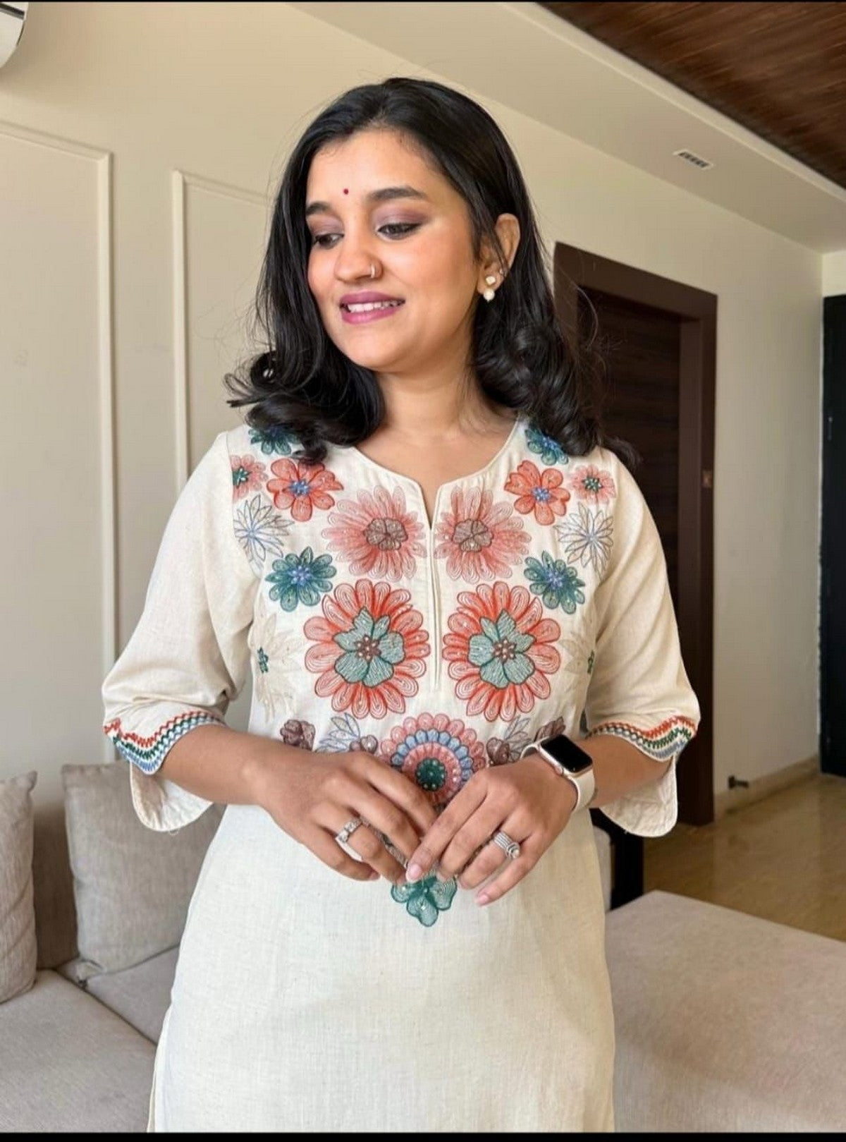 Women’s Cream Embroidered Straight Kurti with Pants | Elegant Daily & Office Wear Set Akrish