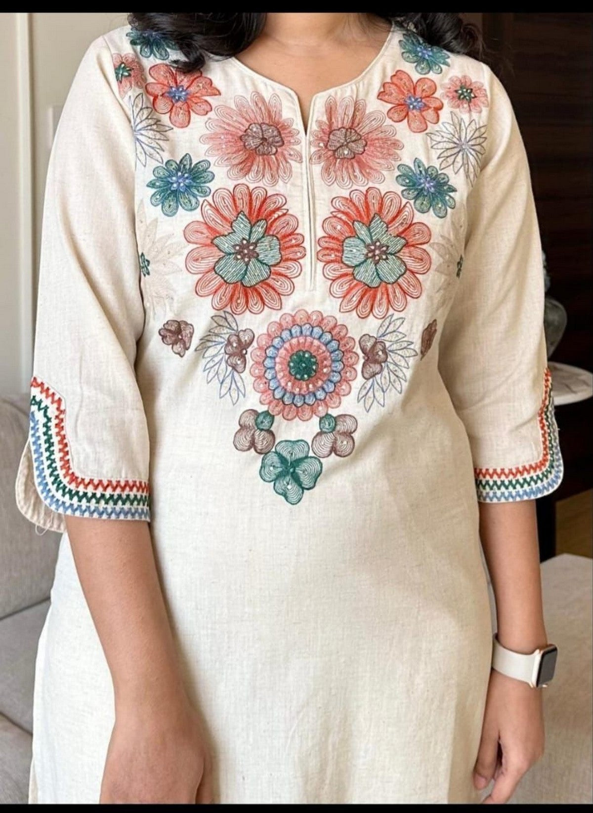 Women’s Cream Embroidered Straight Kurti with Pants | Elegant Daily & Office Wear Set Akrish
