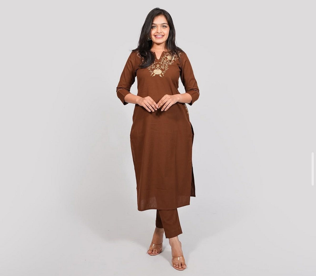 Elegant Women’s Brown Embroidered Kurti Set – Straight Fit Kurta with Matching Pants Akrish