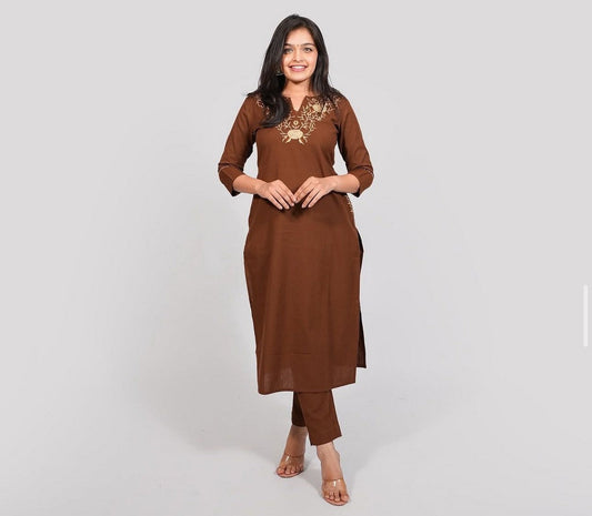 Elegant Women’s Brown Embroidered Kurti Set – Straight Fit Kurta with Matching Pants Akrish