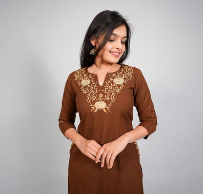 Elegant Women’s Brown Embroidered Kurti Set – Straight Fit Kurta with Matching Pants Akrish