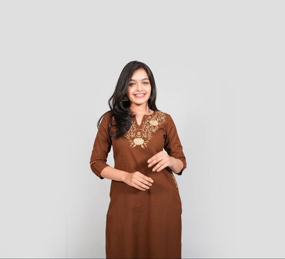 Elegant Women’s Brown Embroidered Kurti Set – Straight Fit Kurta with Matching Pants Akrish