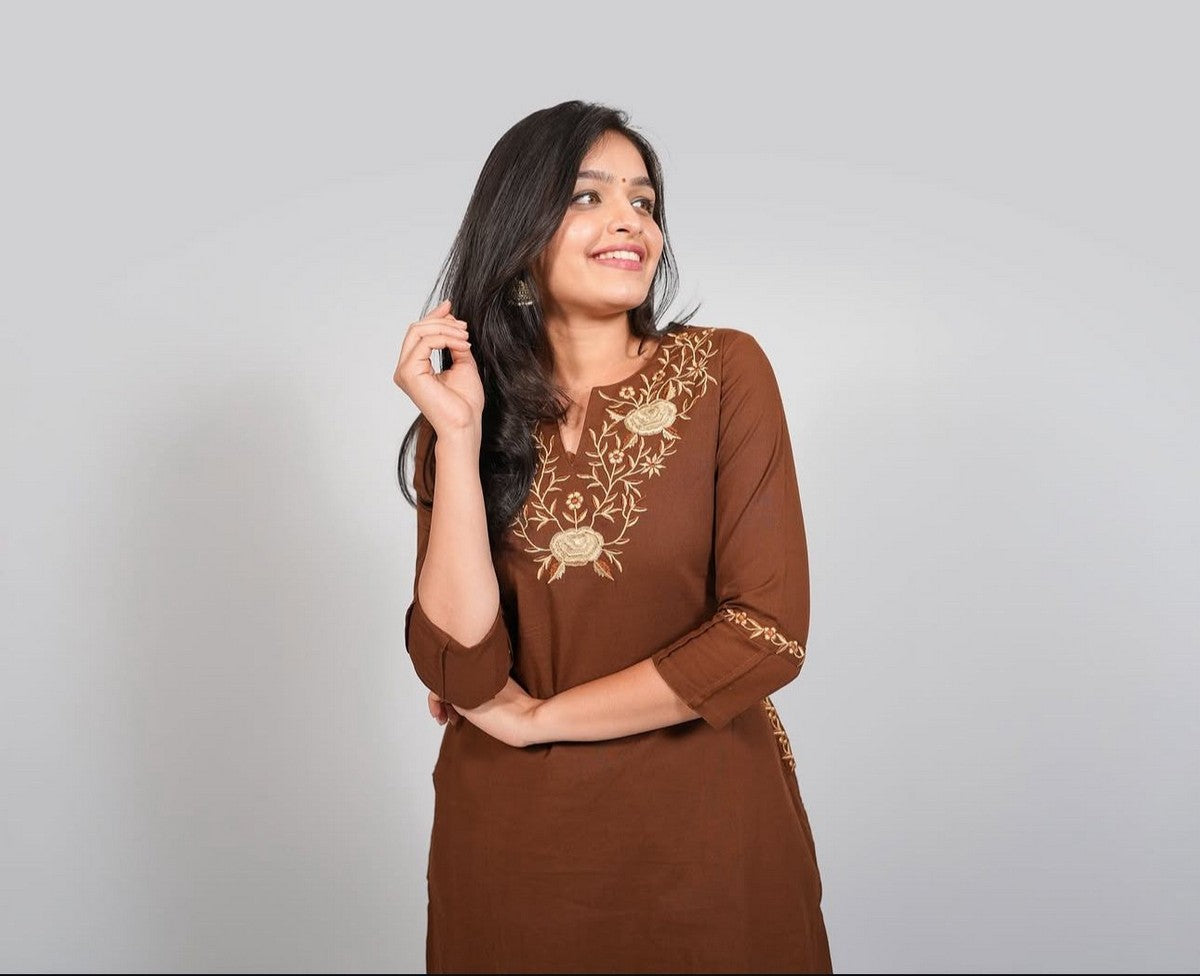 Elegant Women’s Brown Embroidered Kurti Set – Straight Fit Kurta with Matching Pants Akrish
