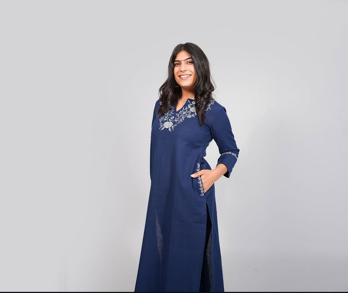 Elegant Women’s Blue Embroidered Kurti Set – Straight Fit Kurta with Matching Pants Akrish