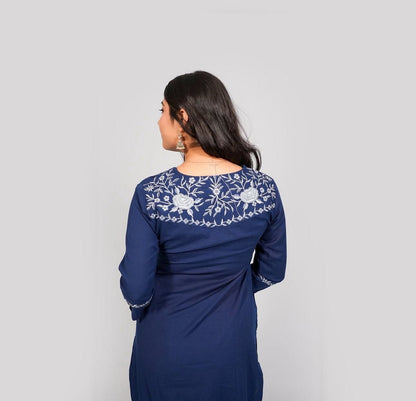 Elegant Women’s Blue Embroidered Kurti Set – Straight Fit Kurta with Matching Pants Akrish