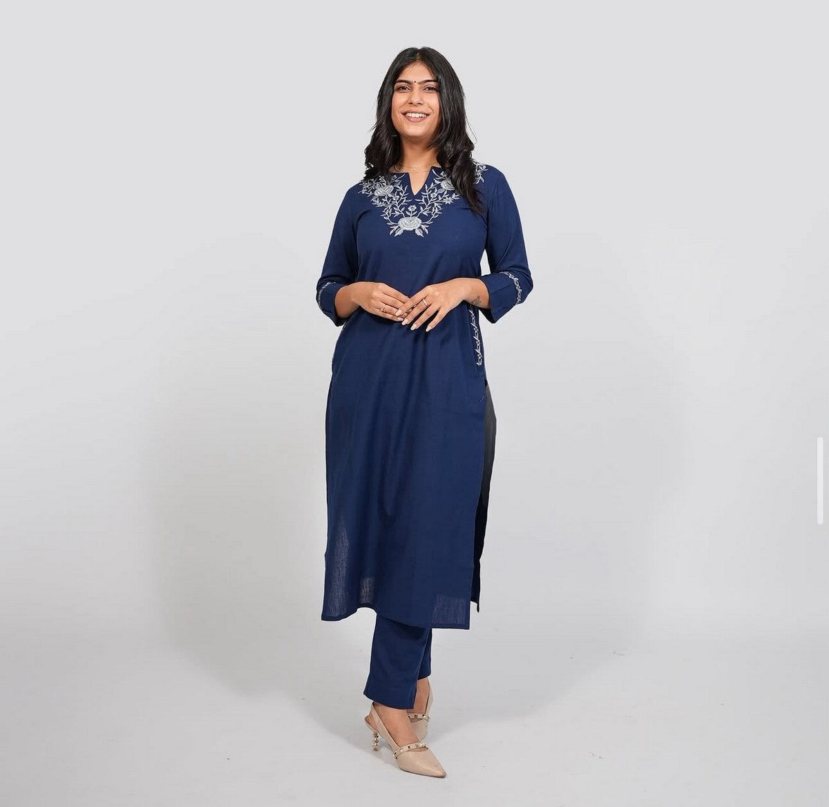 Elegant Women’s Blue Embroidered Kurti Set – Straight Fit Kurta with Matching Pants Akrish