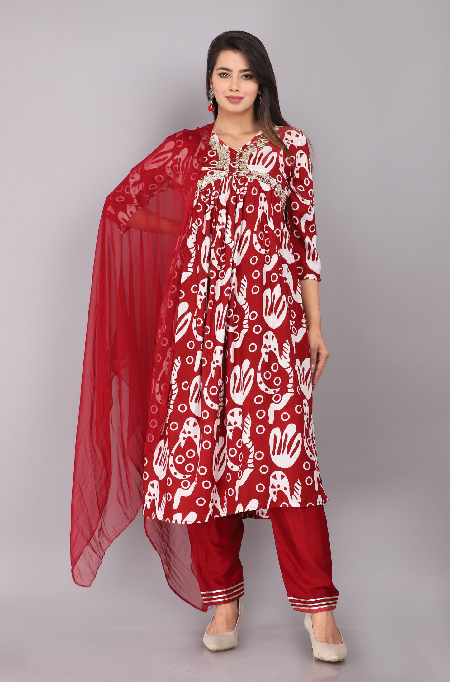 Akrish 3 Piece Rayon Kurta Dupatta Set for Women | Premium Red Ethnic Wear with Bottom & Dupatta