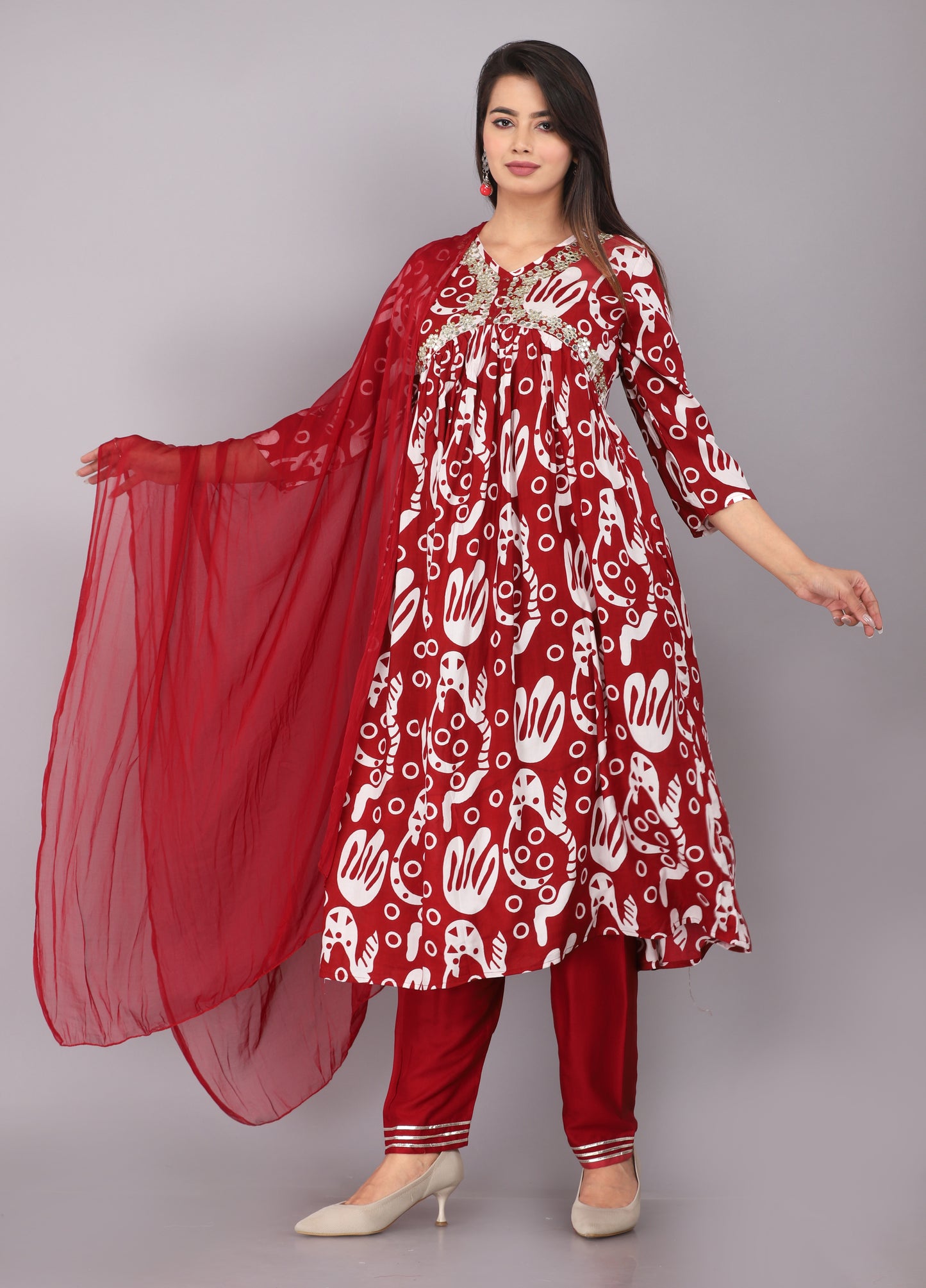 Akrish 3 Piece Rayon Kurta Dupatta Set for Women | Premium Red Ethnic Wear with Bottom & Dupatta