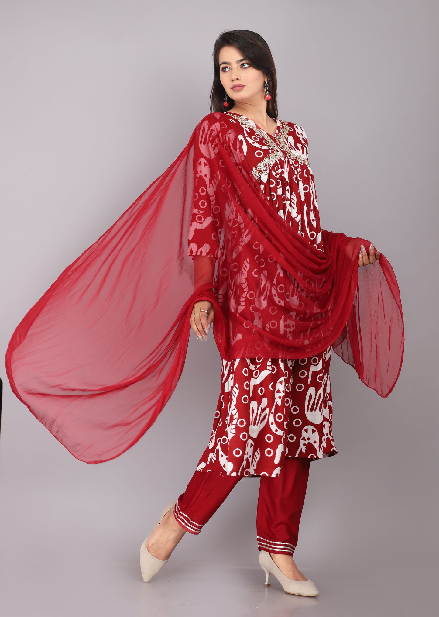 Akrish 3 Piece Rayon Kurta Dupatta Set for Women | Premium Red Ethnic Wear with Bottom & Dupatta