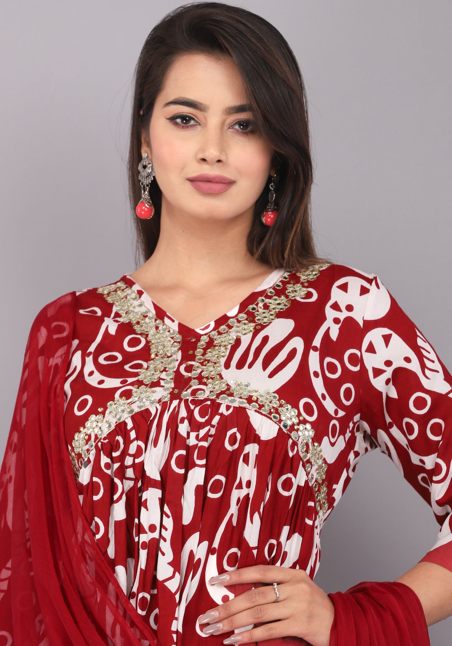 Akrish 3 Piece Rayon Kurta Dupatta Set for Women | Premium Red Ethnic Wear with Bottom & Dupatta