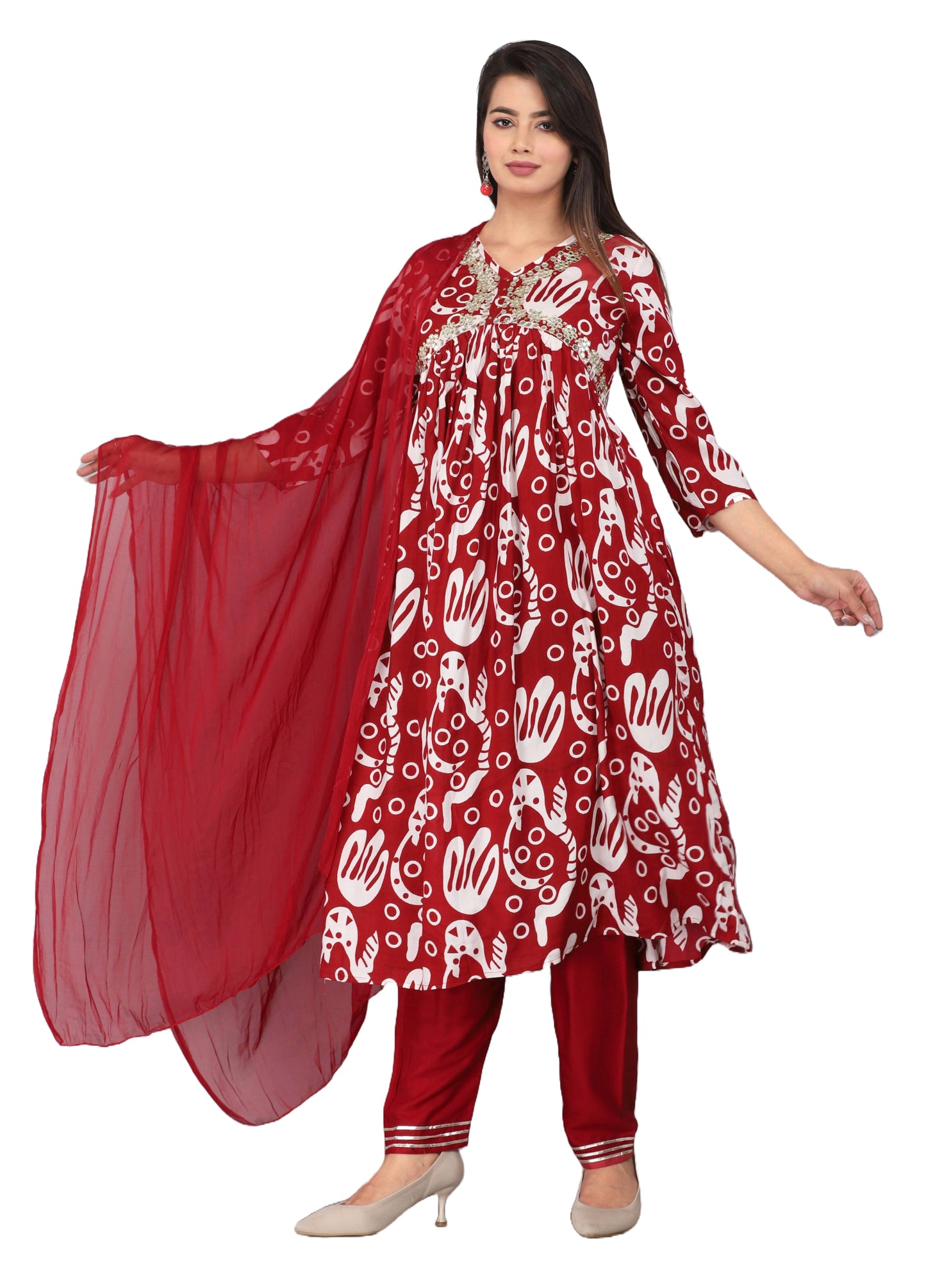 Akrish 3 Piece Rayon Kurta Dupatta Set for Women | Premium Red Ethnic Wear with Bottom & Dupatta
