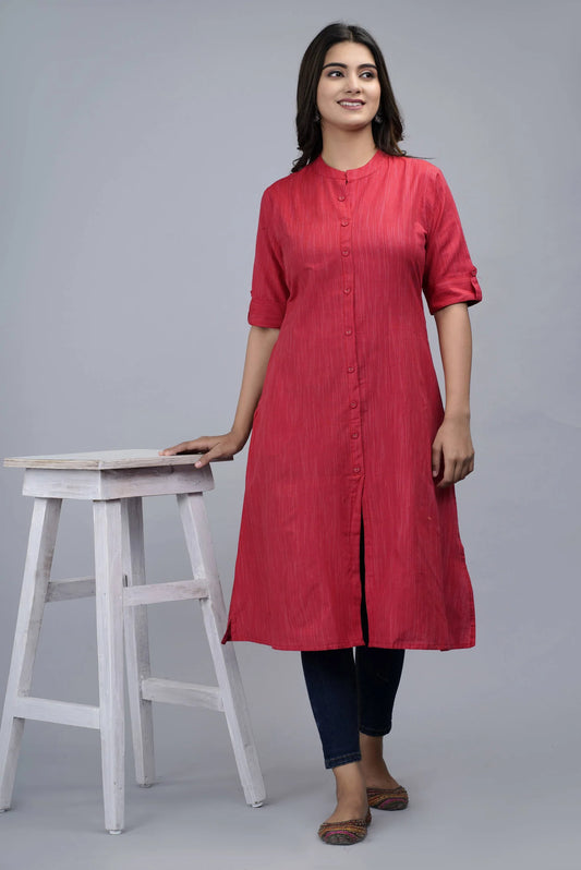 Akrish Premium Red Handloom Cotton Kurta for Women | Pure Woven Straight Kurti for Office & Daily Wear