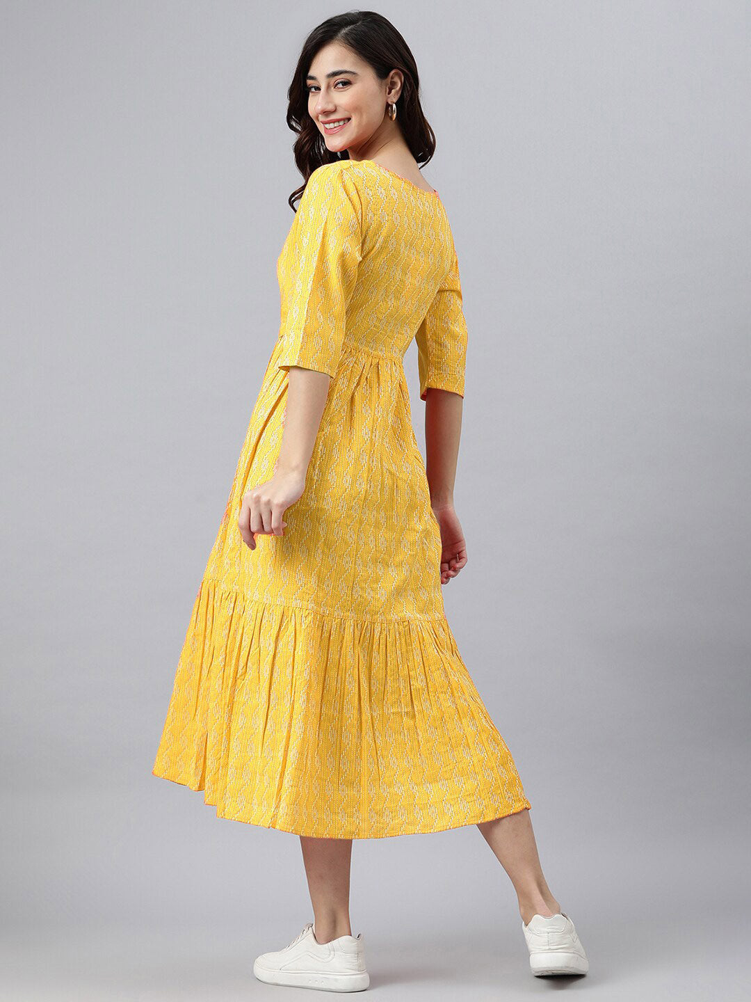Akrish Yellow Printed Short Frock for Women & Girls | Premium Fabric Western-Ethnic Fusion Dress