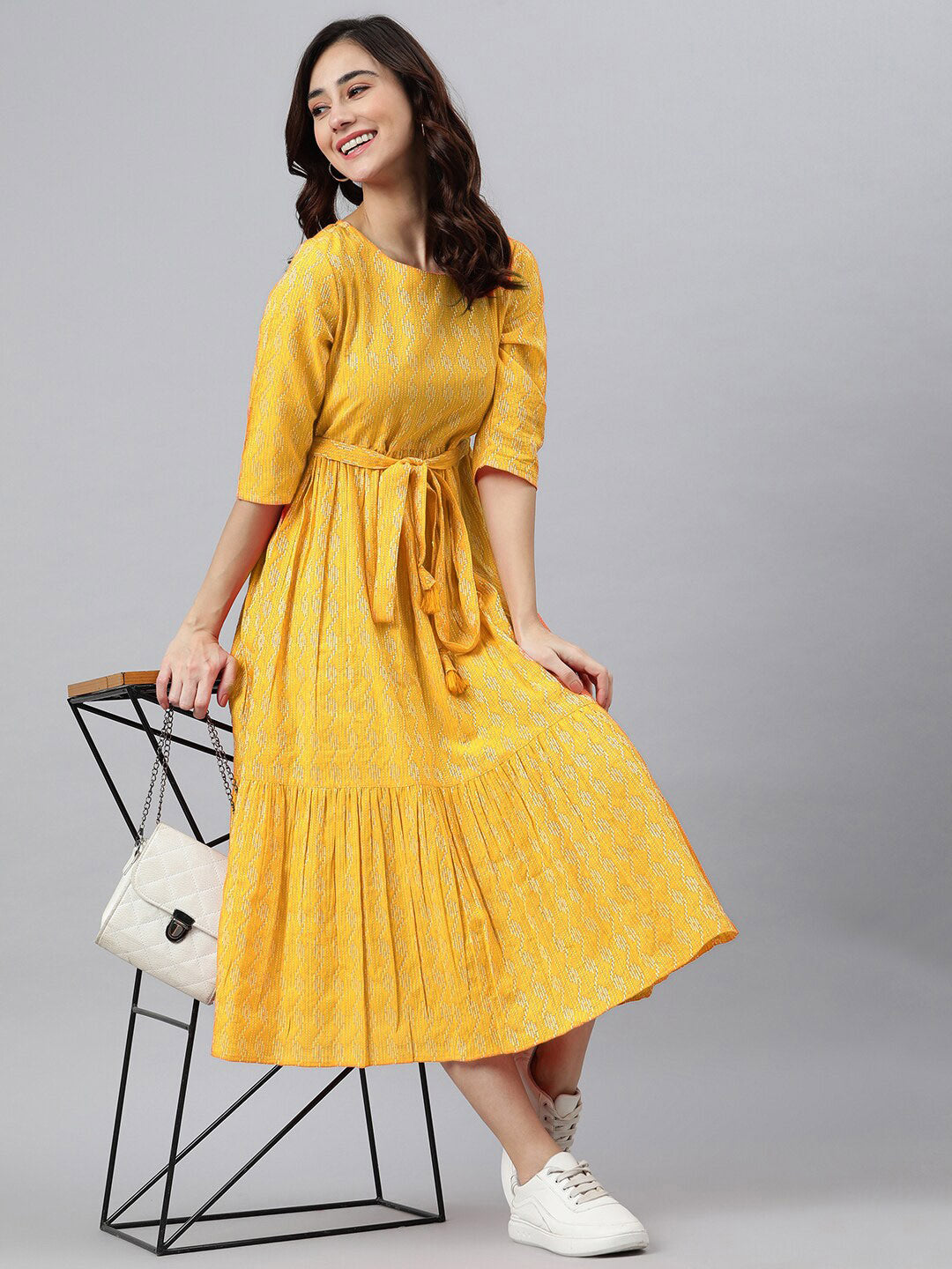 Akrish Yellow Printed Short Frock for Women & Girls | Premium Fabric Western-Ethnic Fusion Dress