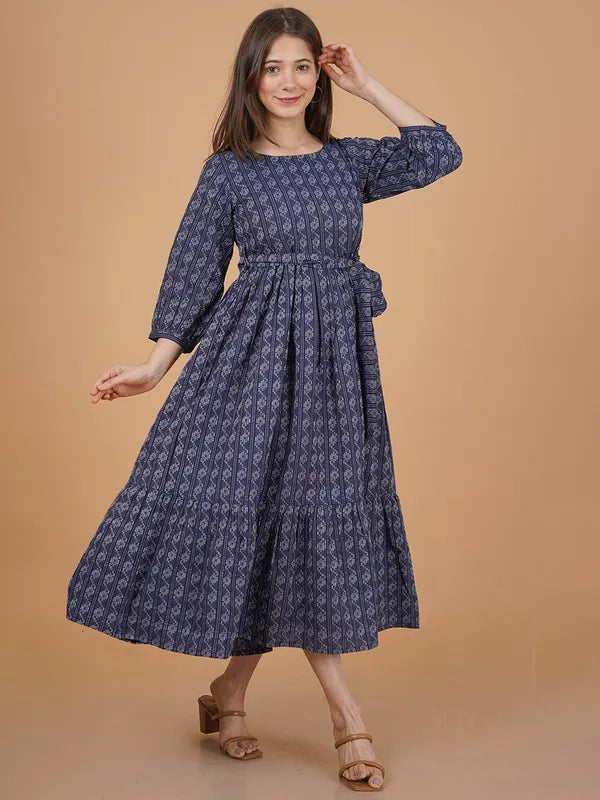 Akrish Blue Khadi Cotton Dress for Women | Handwoven Ethnic Midi Dress for Daily & Festive Wear
