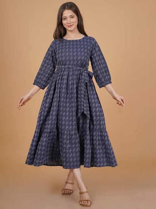 Akrish Blue Khadi Cotton Dress for Women | Handwoven Ethnic Midi Dress for Daily & Festive Wear
