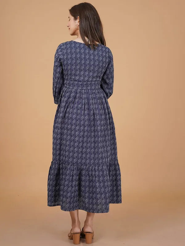 Akrish Blue Khadi Cotton Dress for Women | Handwoven Ethnic Midi Dress for Daily & Festive Wear