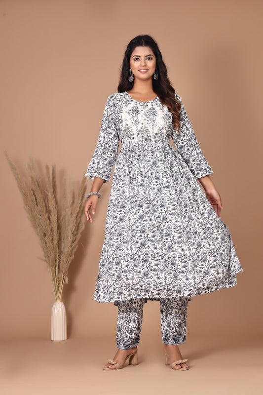 Akrish White  Cotton Printed Kurta Set for Women | 2-Piece Designer Ethnic Wear