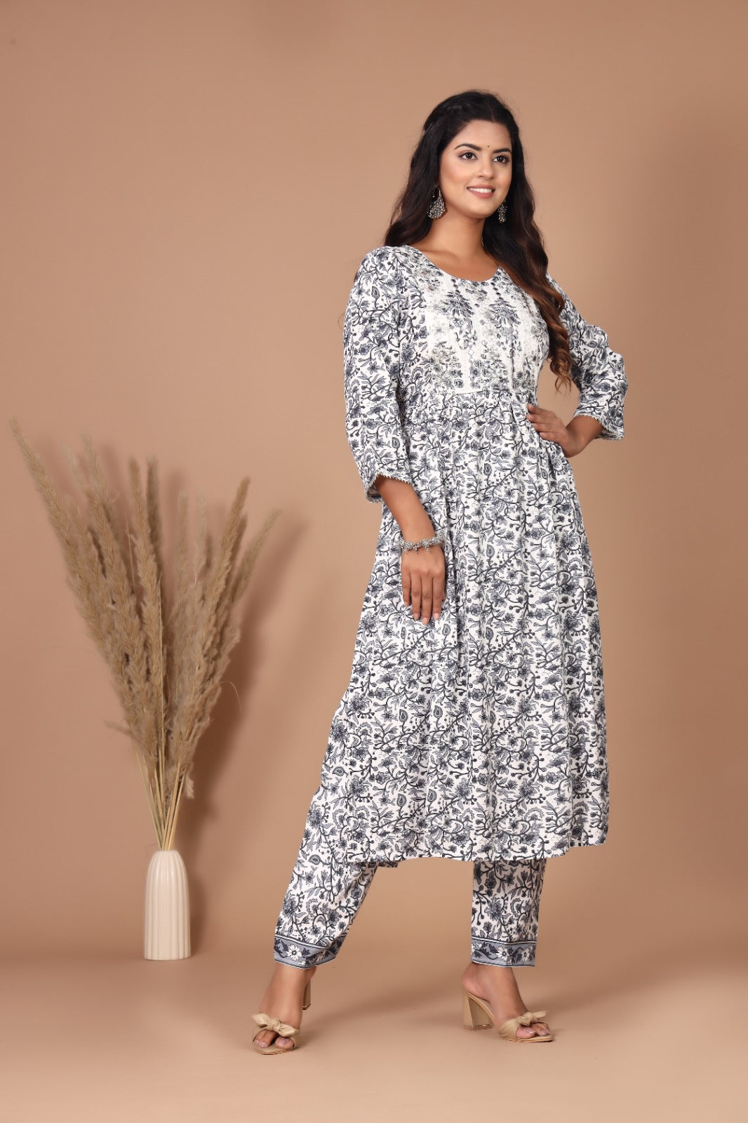 Akrish White  Cotton Printed Kurta Set for Women | 2-Piece Designer Ethnic Wear