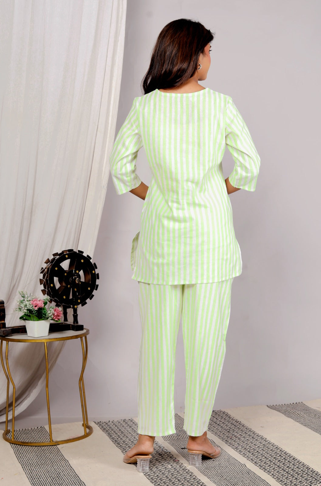 Akrish White & Green Striped Cotton Kurta Set for Women | Premium 2-Piece Ethnic Wear