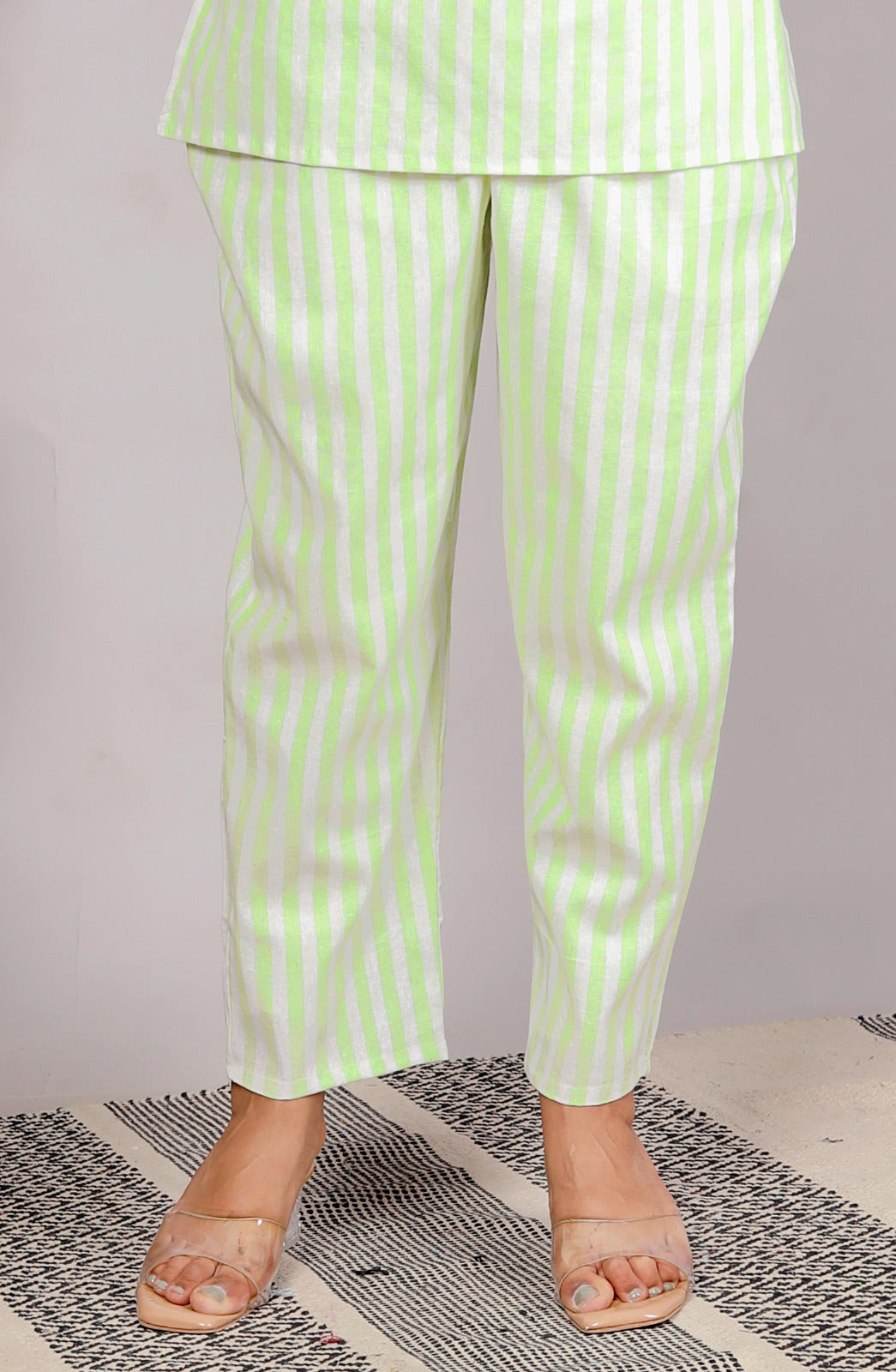 Akrish White & Green Striped Cotton Kurta Set for Women | Premium 2-Piece Ethnic Wear