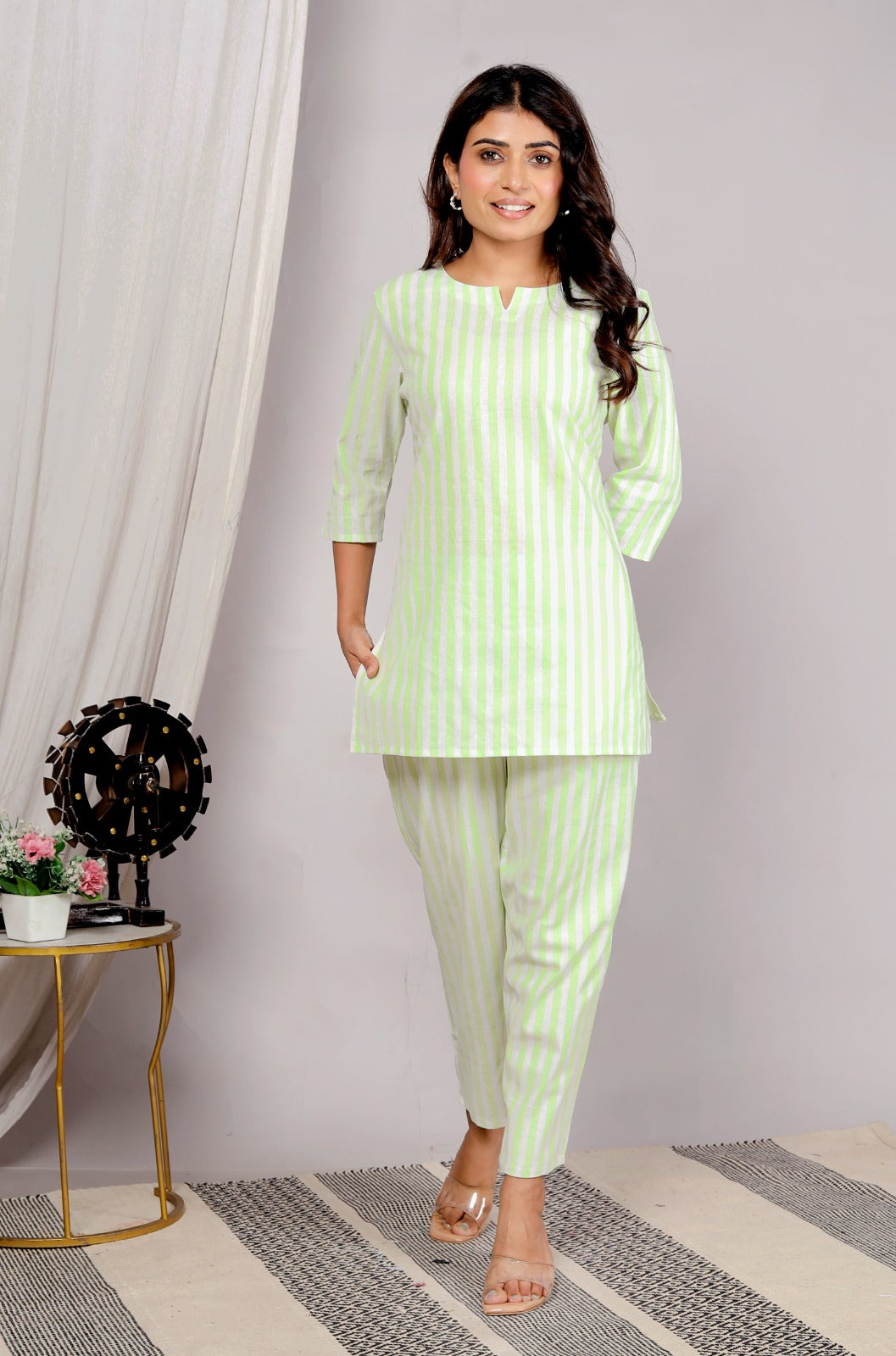 Akrish White & Green Striped Cotton Kurta Set for Women | Premium 2-Piece Ethnic Wear