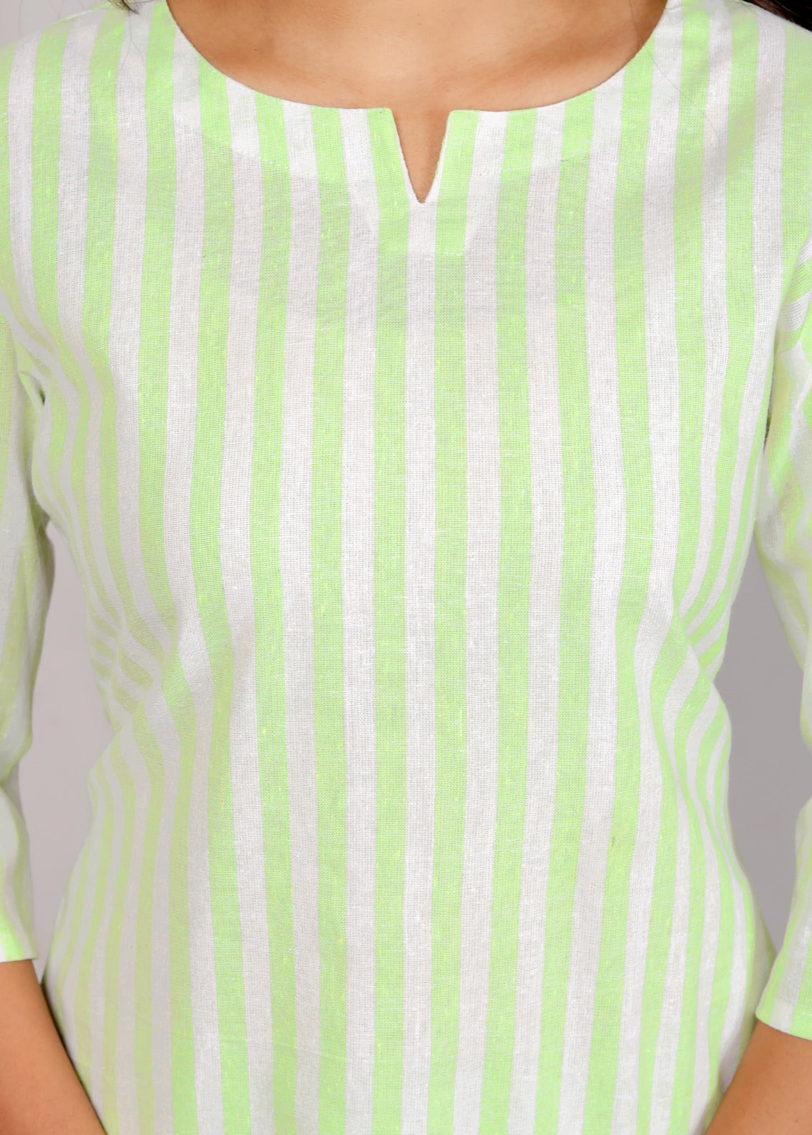 Akrish White & Green Striped Cotton Kurta Set for Women | Premium 2-Piece Ethnic Wear