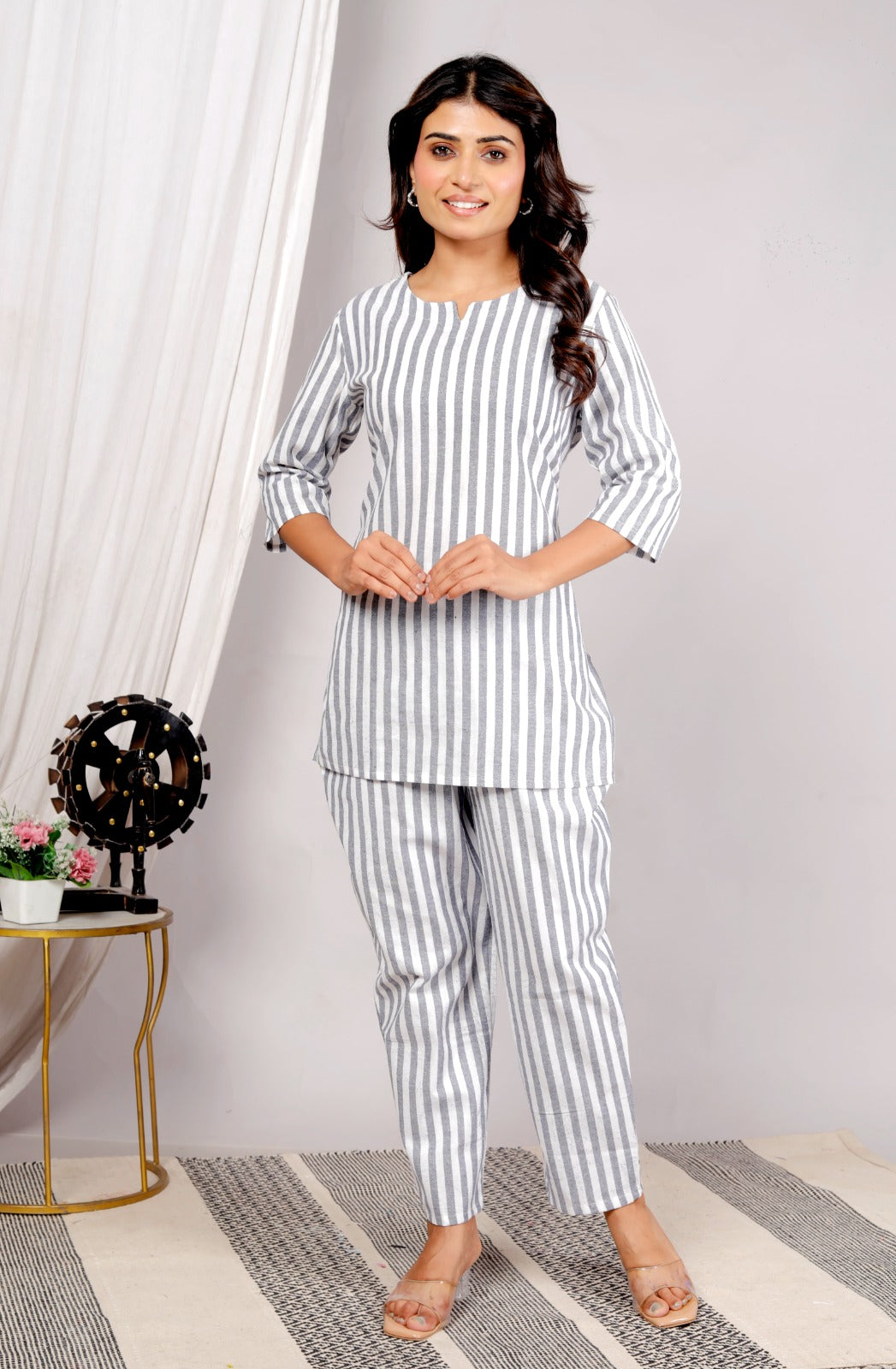 Akrish White & Green Striped Cotton Kurta Set for Women | Premium 2-Piece Ethnic Wear