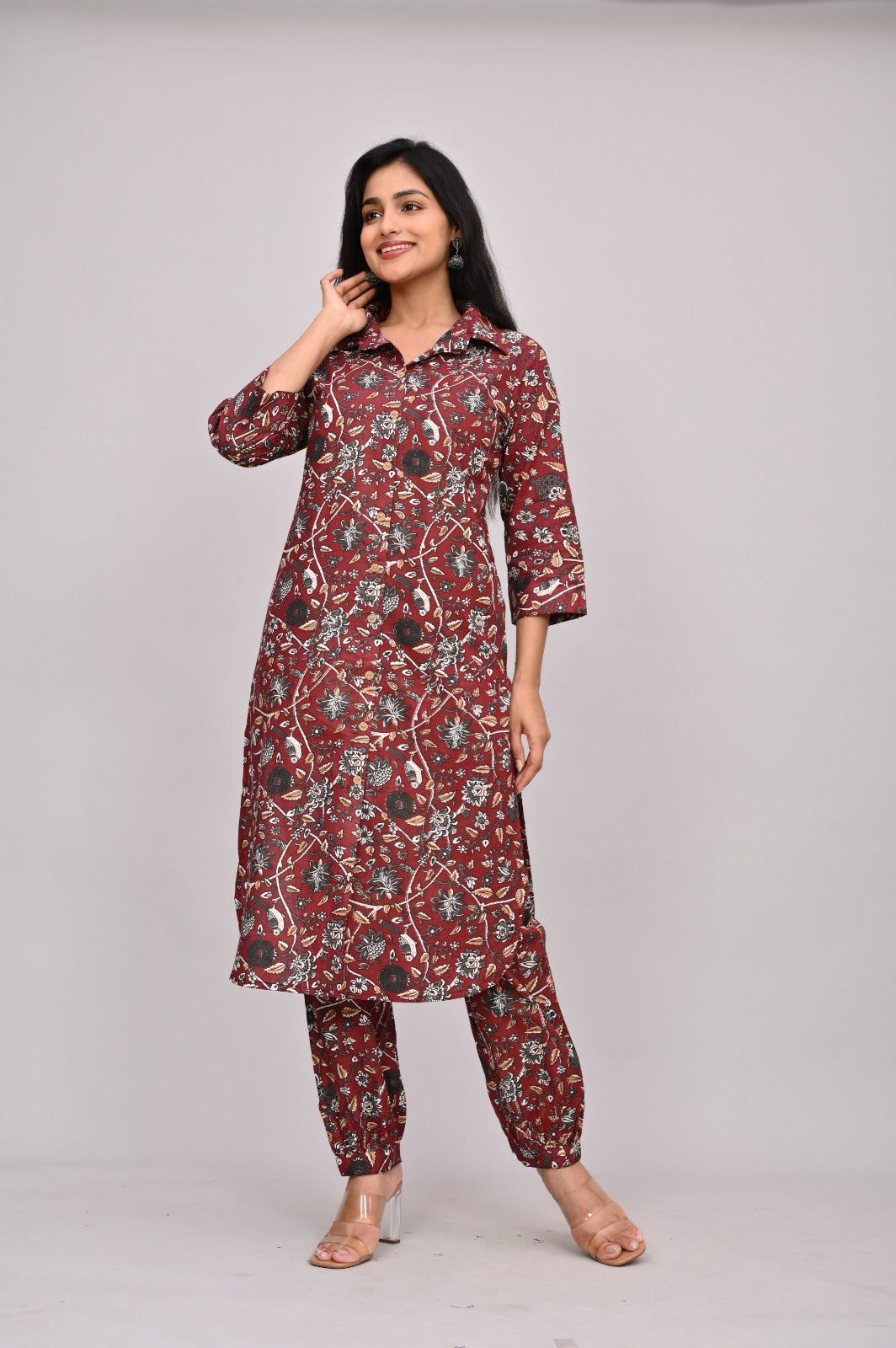 Akrish Maroon Cotton Printed Kurta Set for Women | Designer 2-Piece Ethnic Wear
