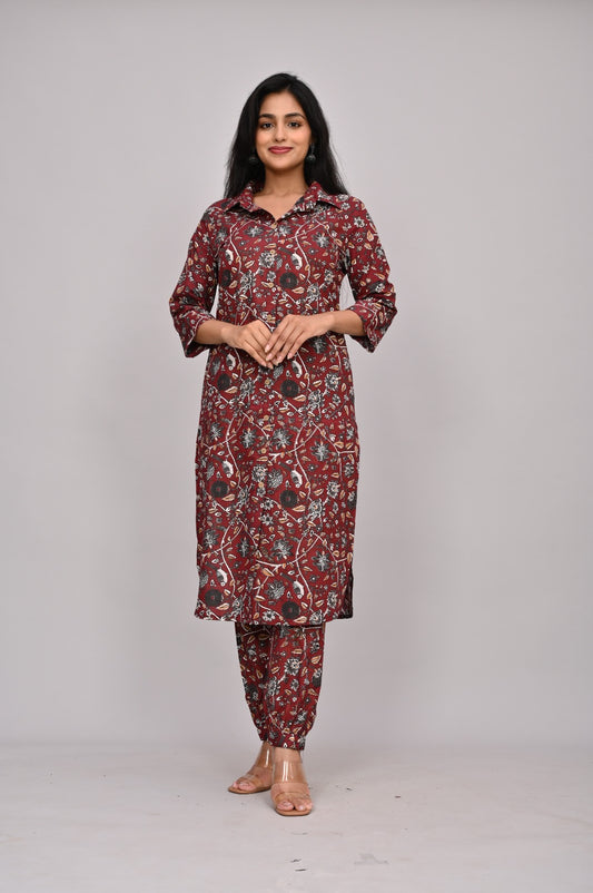 Akrish Maroon Cotton Printed Kurta Set for Women | Designer 2-Piece Ethnic Wear