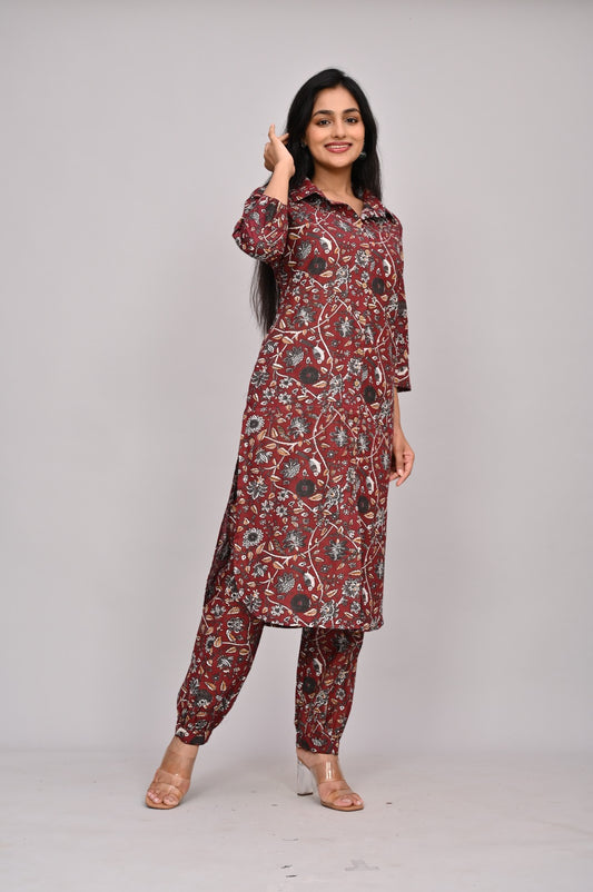 Akrish Maroon Cotton Printed Kurta Set for Women | Designer 2-Piece Ethnic Wear